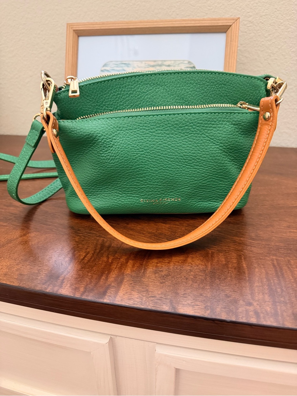 Divina Firenze Pebbled Green Crossbody with Contrast Tan Strap